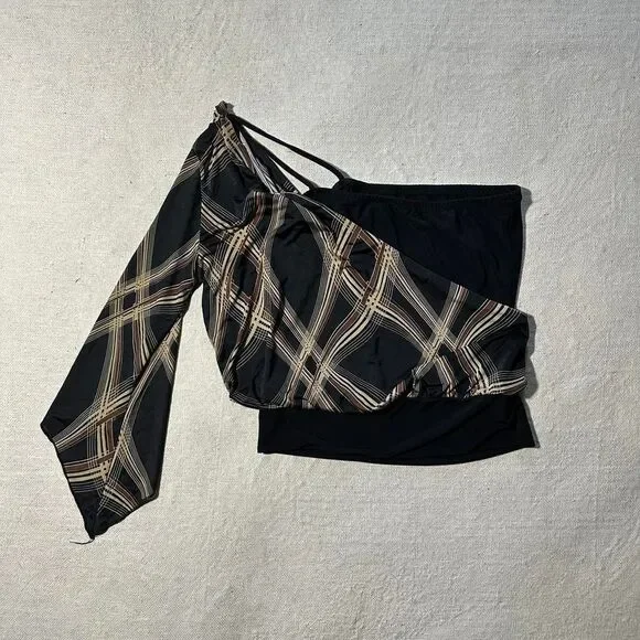 Rave Women's Small Black/Brown Abstract One Shoulder Top with Flared Sleeve - Picture 2 of 7